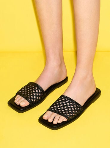Sandalias tejidas con punta cuadrada, Negro, hi-res