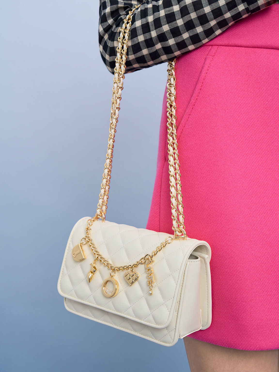 Charm-Embellished Quilted Clutch, Cream, hi-res