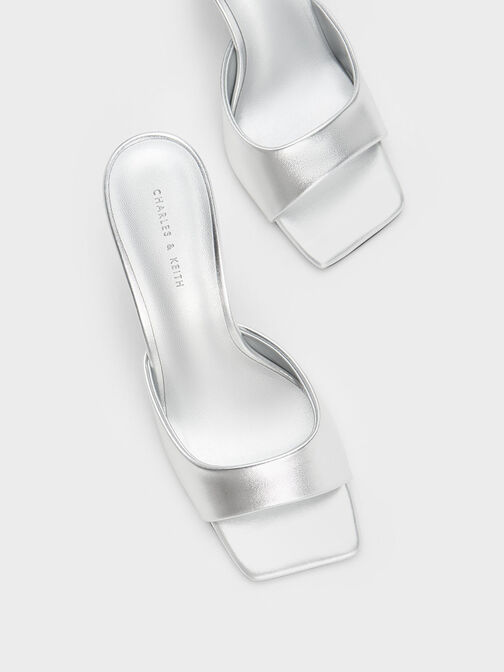 Clear Flared Heel Metallic Mules, Silver, hi-res