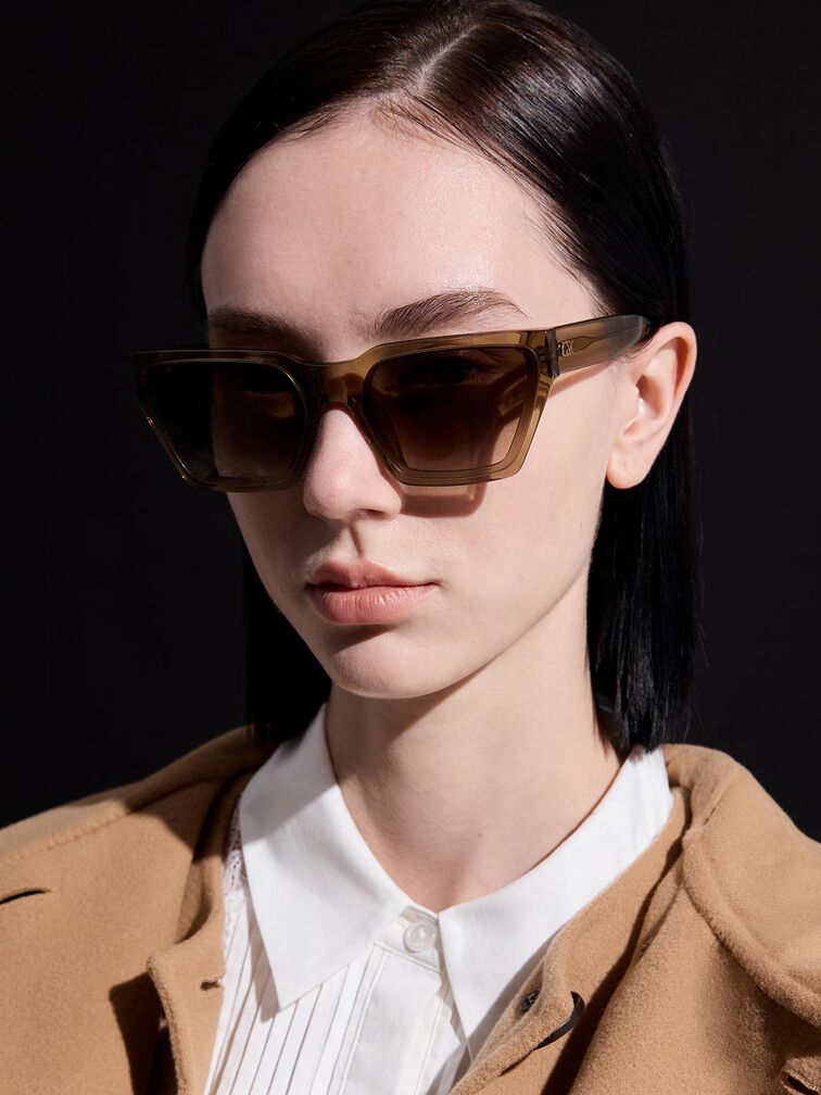 Recycled Acetate Angular Sunglasses, Khaki, hi-res