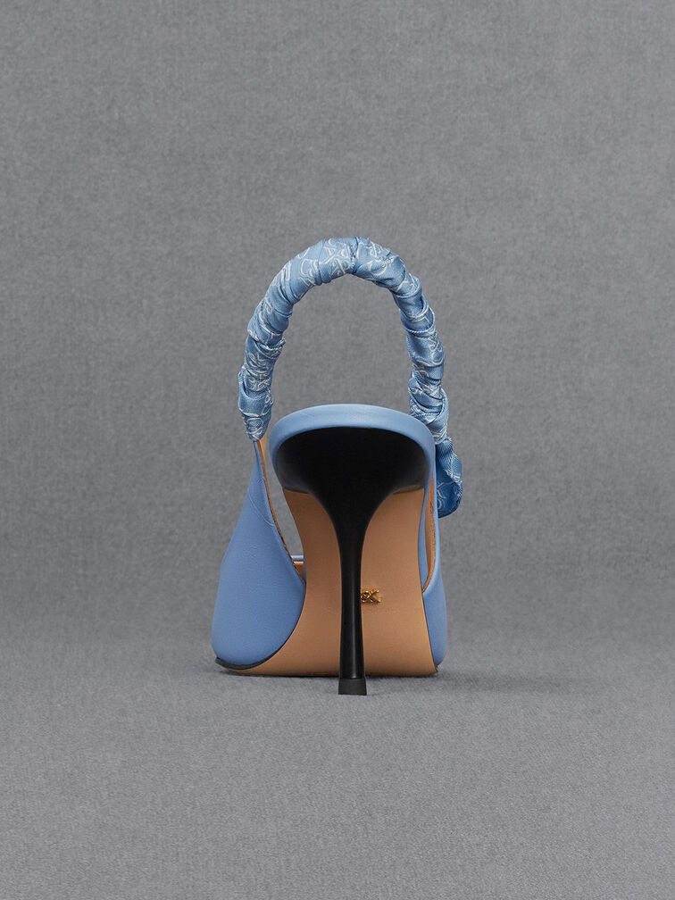 Leather Ruched Print Slingback Pumps, Light Blue, hi-res