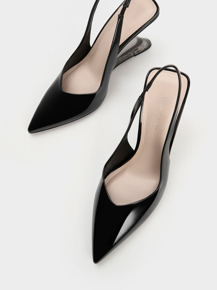 Patent Sculptural Slingback Wedges, Black Patent, hi-res