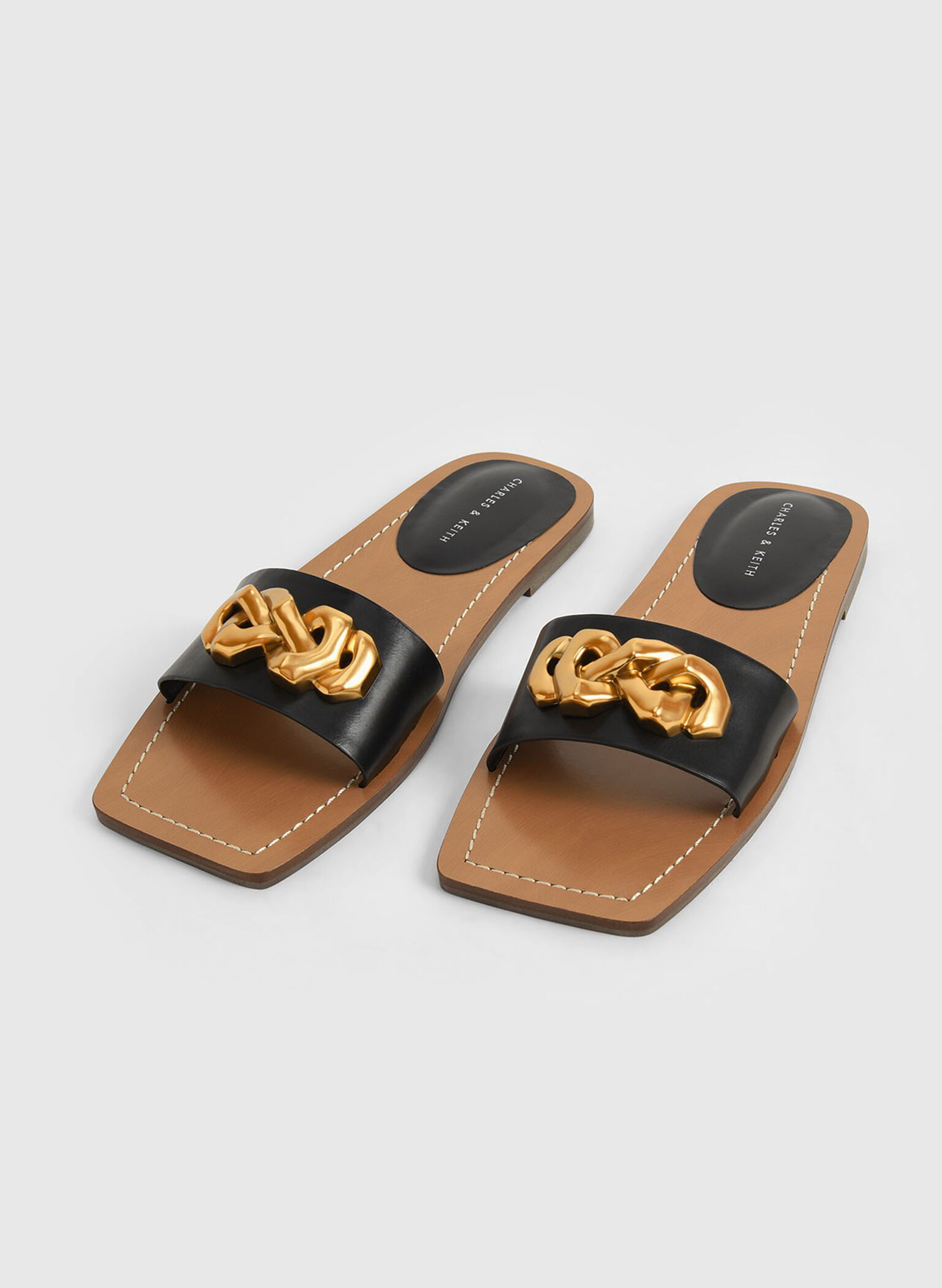 Chain Accent Slide Sandals, Black, hi-res