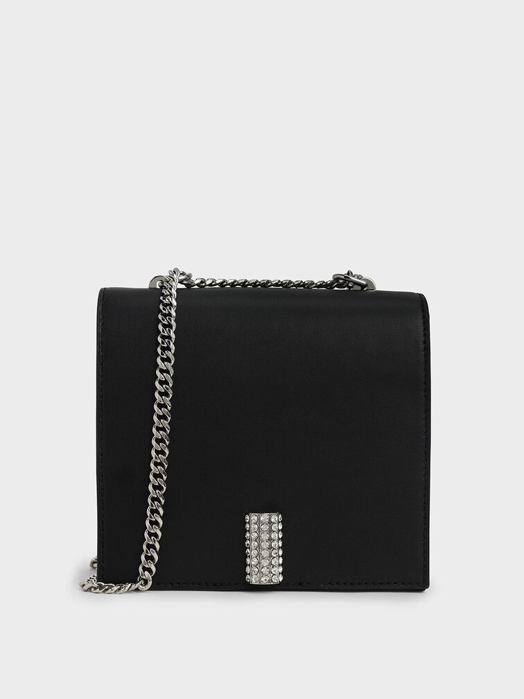 Leather Chain Strap Boxy Bag, Black, hi-res