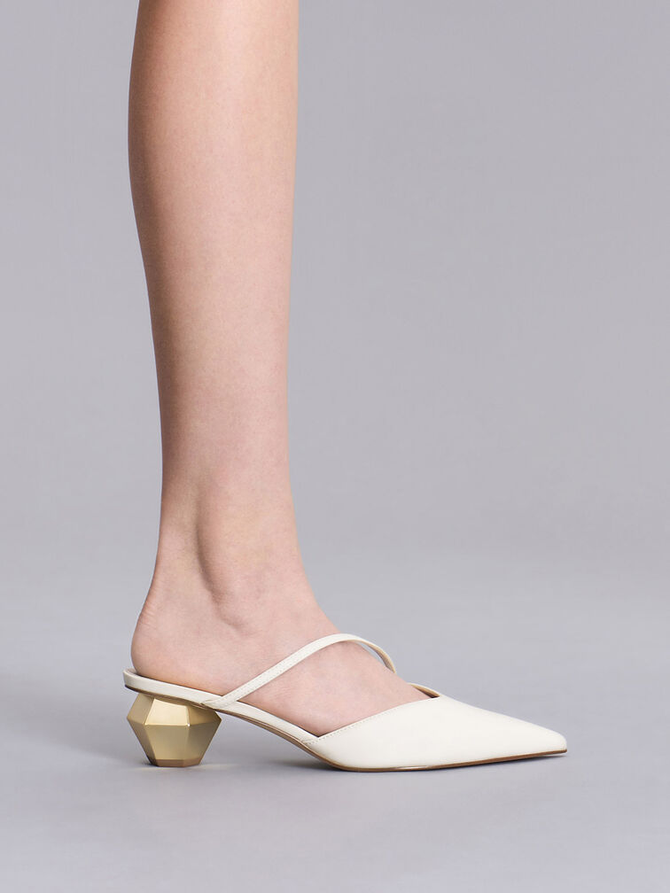 Asymmetric Strap Chrome Heel Mules, Chalk, hi-res