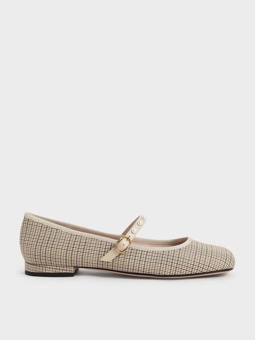Bead Embellished Houndstooth-Print Mary Jane Flats, Multi, hi-res