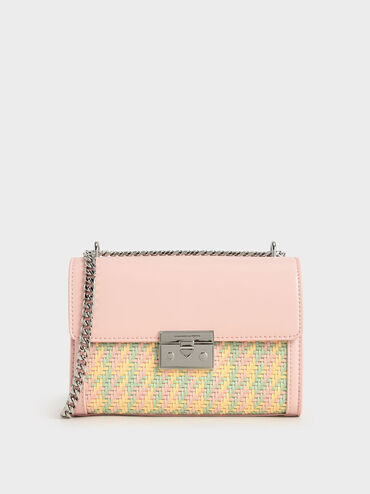 Woven Boxy Chain Strap Bag, Pink, hi-res