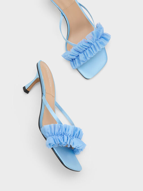 Recycled Polyester Ruffled Mesh Heeled Mules, Blue, hi-res