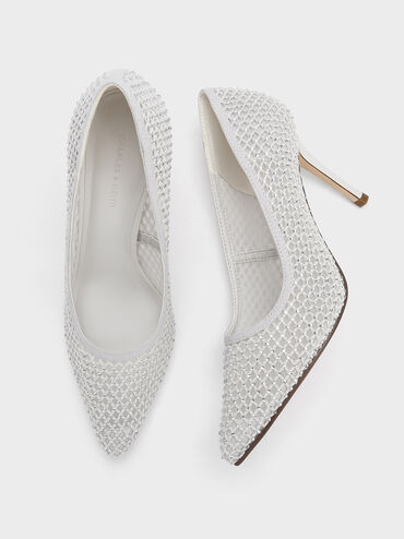 Mesh Crystal-Embellished Pointed-Toe Pumps, White, hi-res