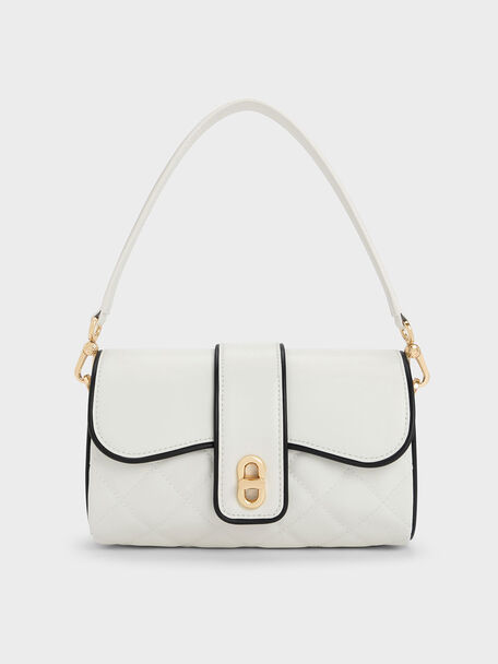 Contrast-Trim Belted Crossbody Bag, White, hi-res
