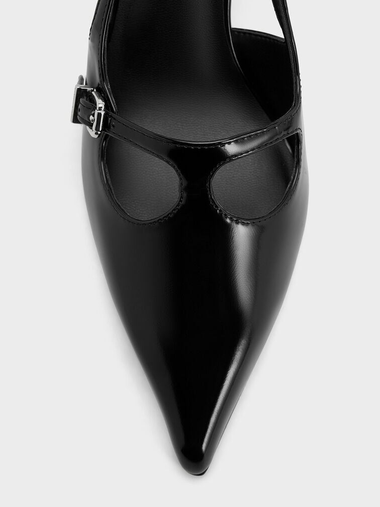 T-Bar Pointed-Toe Slingback Pumps, Negro pulido, hi-res