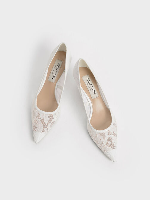 Lace Sculptural Heel Pumps, White, hi-res