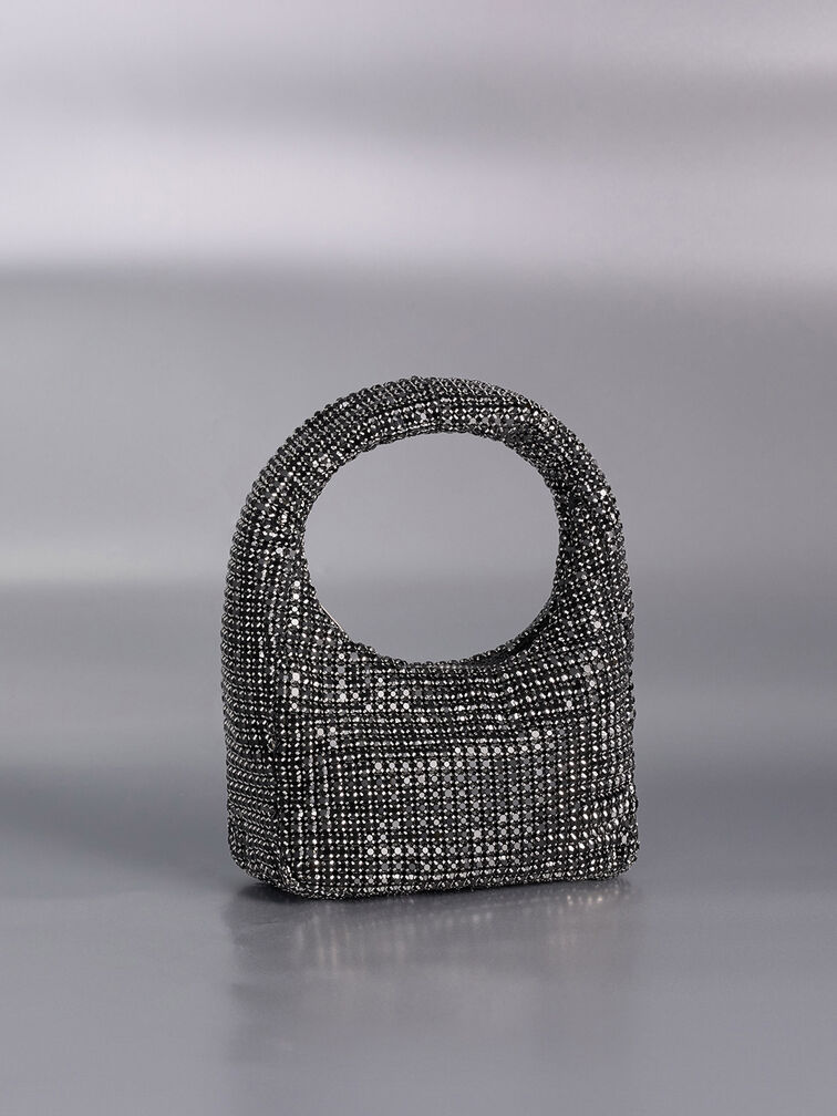 Bolso hobo con adornos de cristal, Noir, hi-res