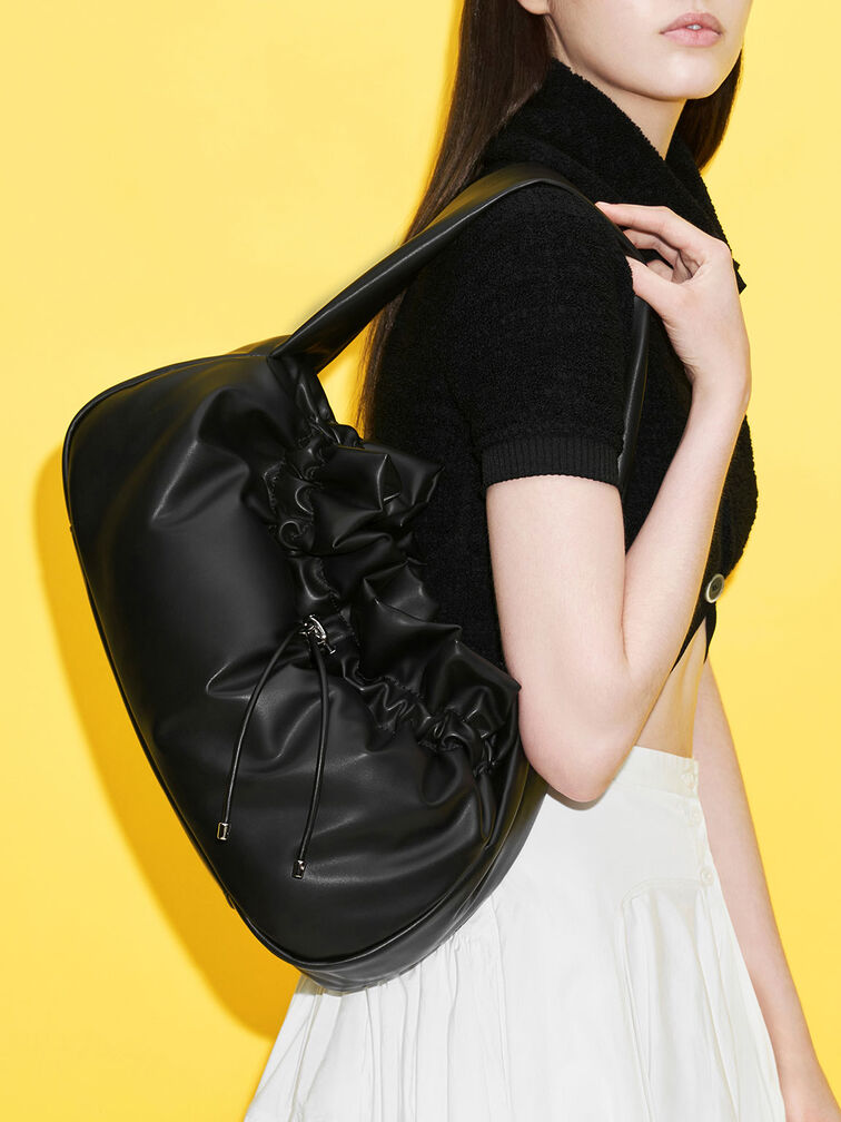 Bolso hobo efecto fruncido, Negro, hi-res