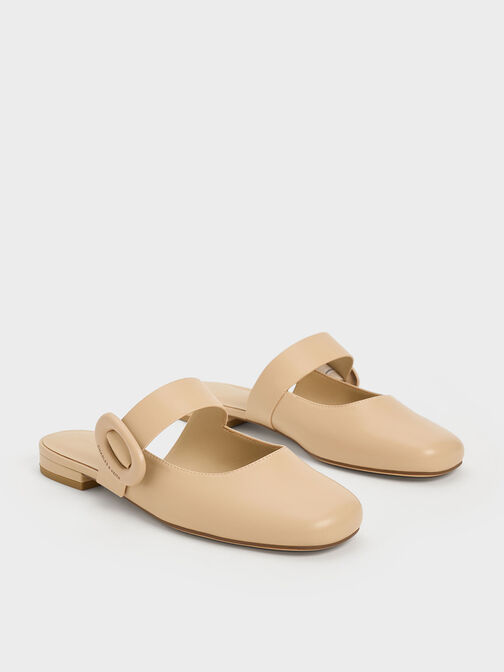 Mules planos con hebilla ovalada, Beige, hi-res