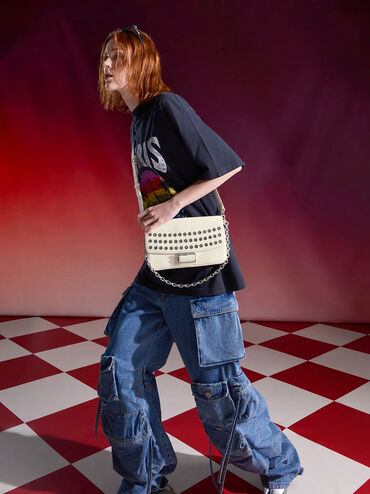 Bolso Liv con asa de cadena y ojales, Crema, hi-res