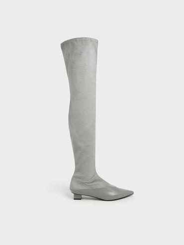 Thigh High Low Block Heel Sock Boots, Grey, hi-res