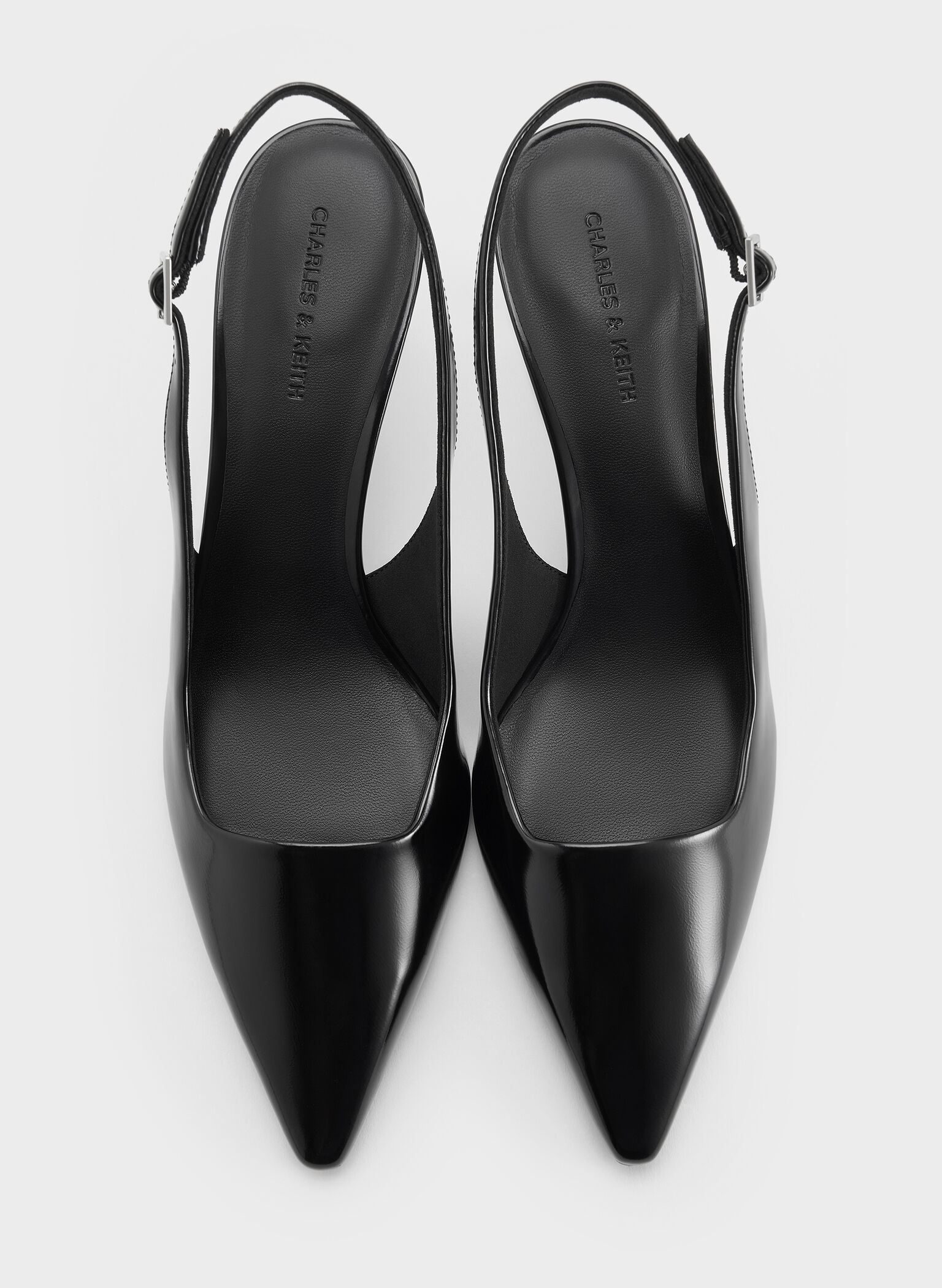 Pointed-Toe Kitten-Heel Slingback Pumps, Negro pulido, hi-res