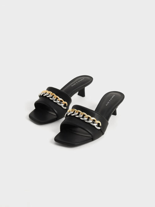 Chain-Embellished Blade Heel Mules, Black, hi-res