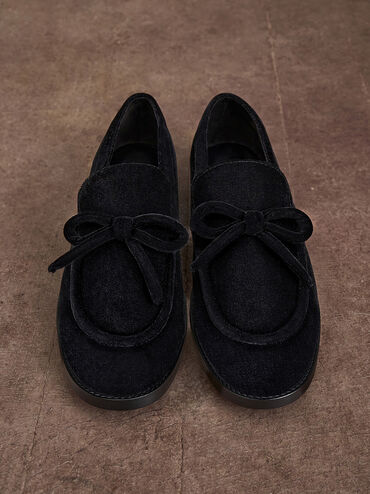 Velvet Bow Loafers, Black Textured, hi-res