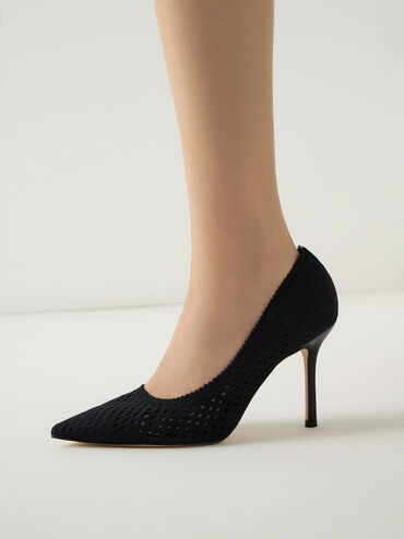Knitted Stiletto Pumps, Black, hi-res