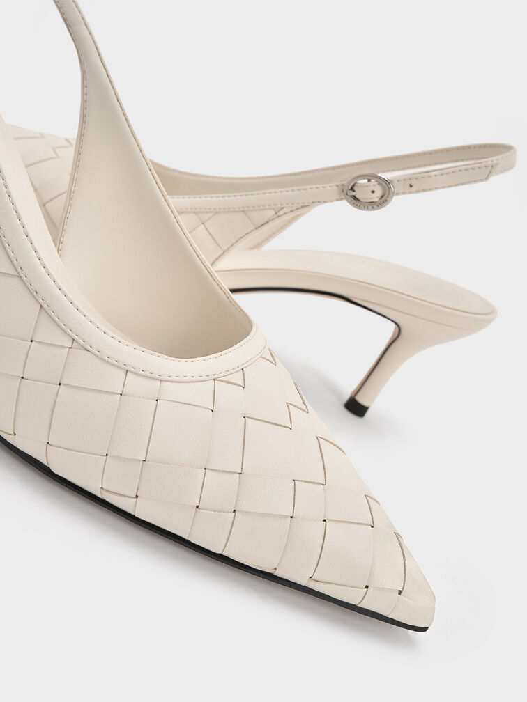 Ivette Woven Pointed-Toe Slingback Pumps, Chalk, hi-res