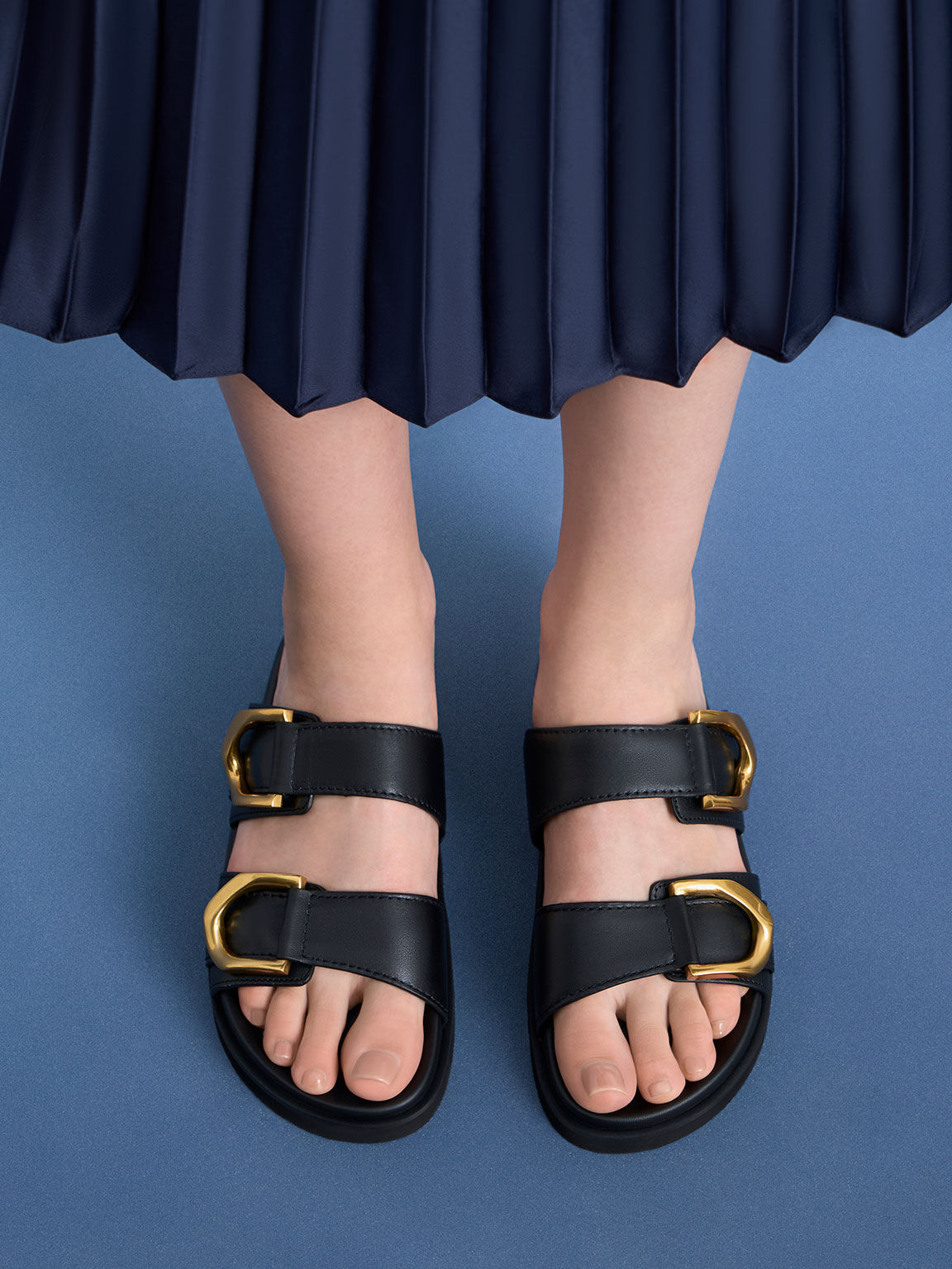 Gabine Buckled Leather Slides​, Black, hi-res