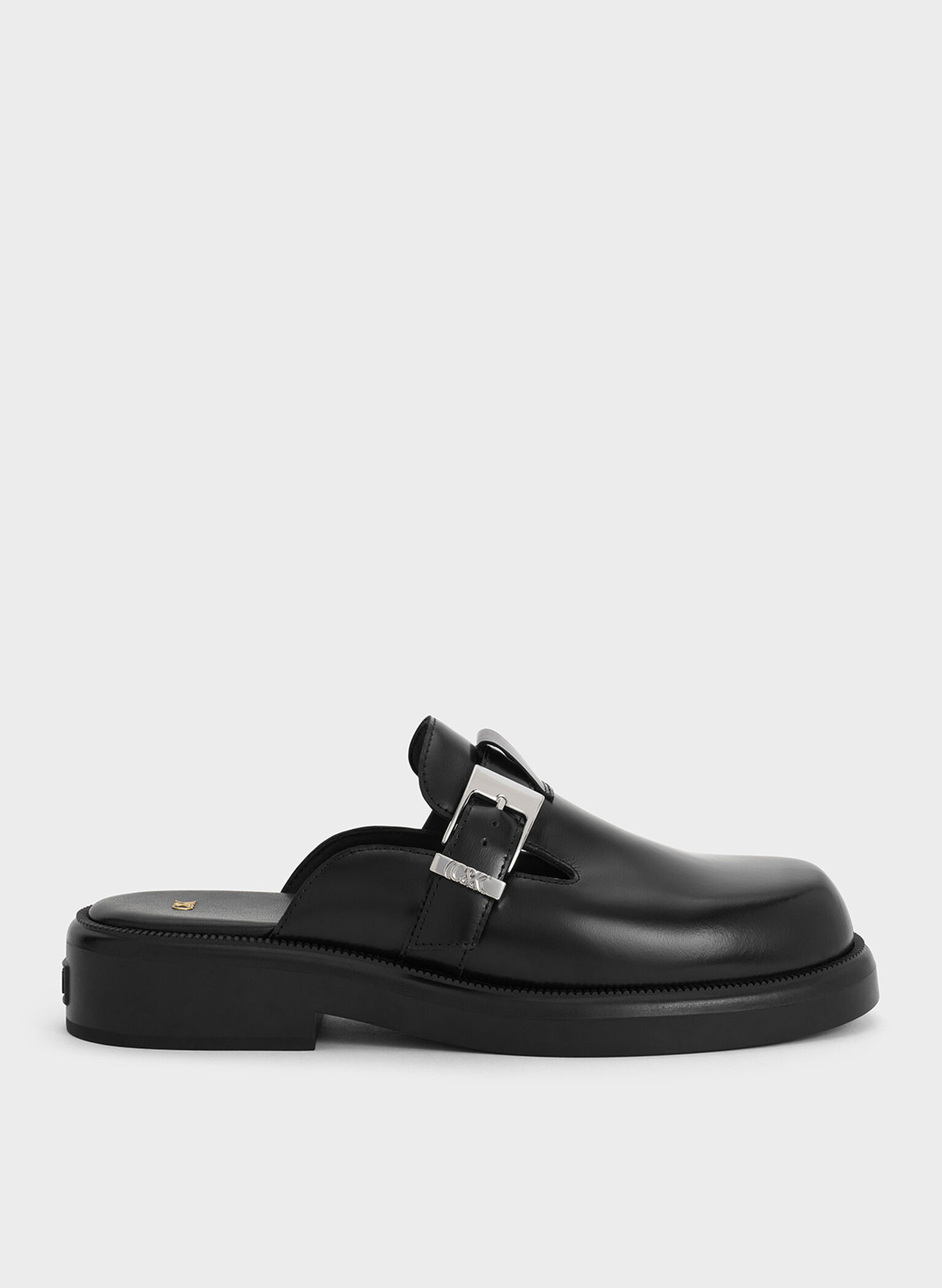 Leather Buckled Mules, Black, hi-res