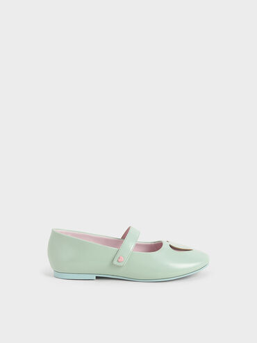 Girls' Heart Cut-Out Mary Janes, Light Green, hi-res