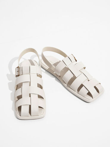 Metallic Buckle Caged Slingback Sandals, Chalk, hi-res