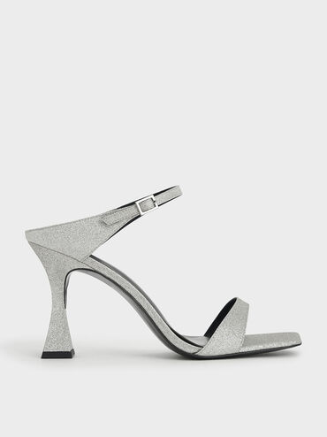 Glitter Sculptural Heel Mules, Silver, hi-res