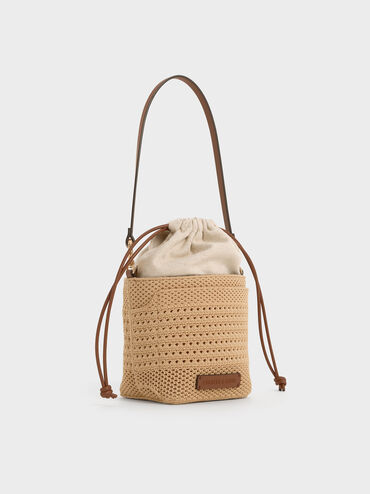 Girls' Ida Knitted Bucket Bag, Beige, hi-res