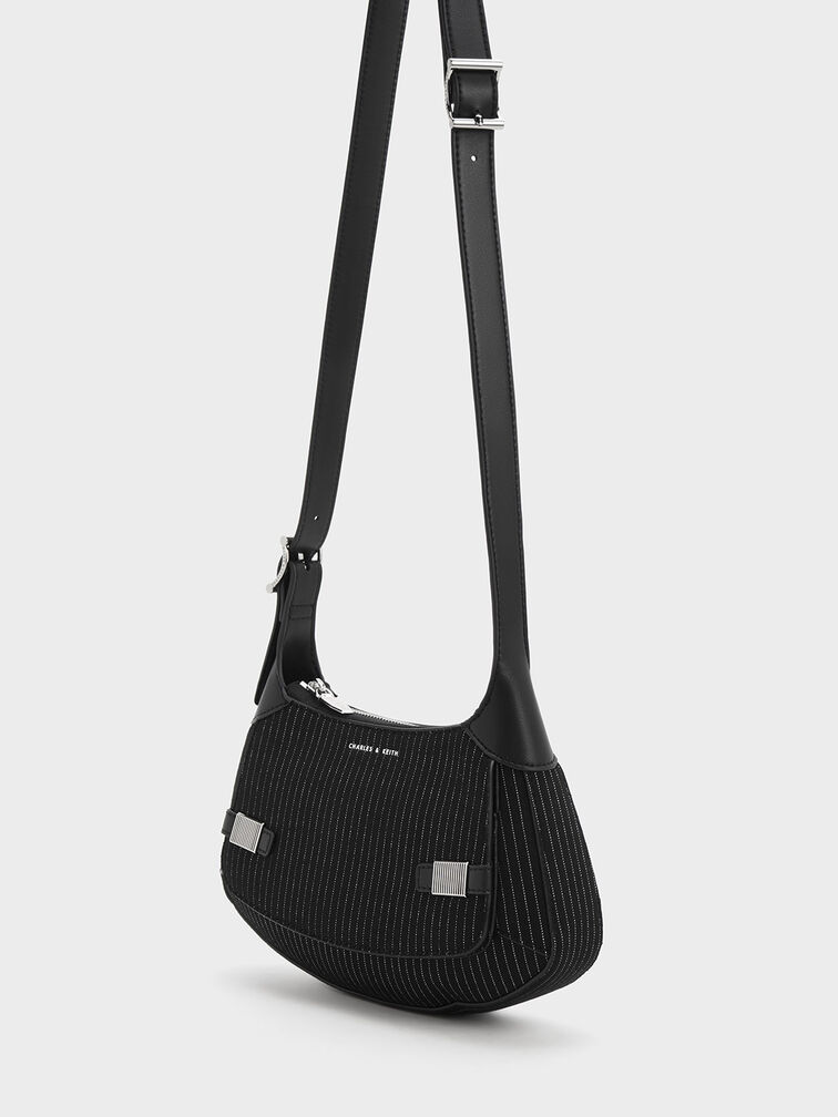 Bolso curvo a rayas con acento metálico, Gris oscuro, hi-res