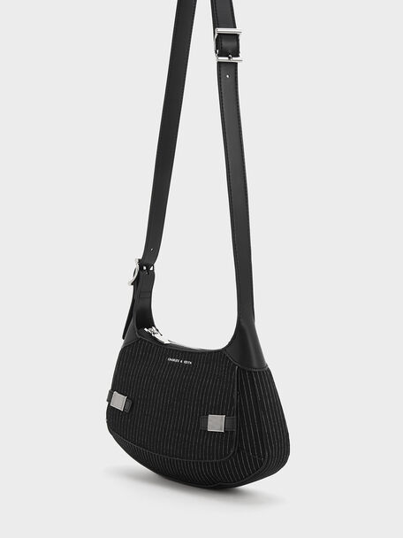 Striped Metallic-Accent Curved Shoulder Bag, Dark Grey, hi-res