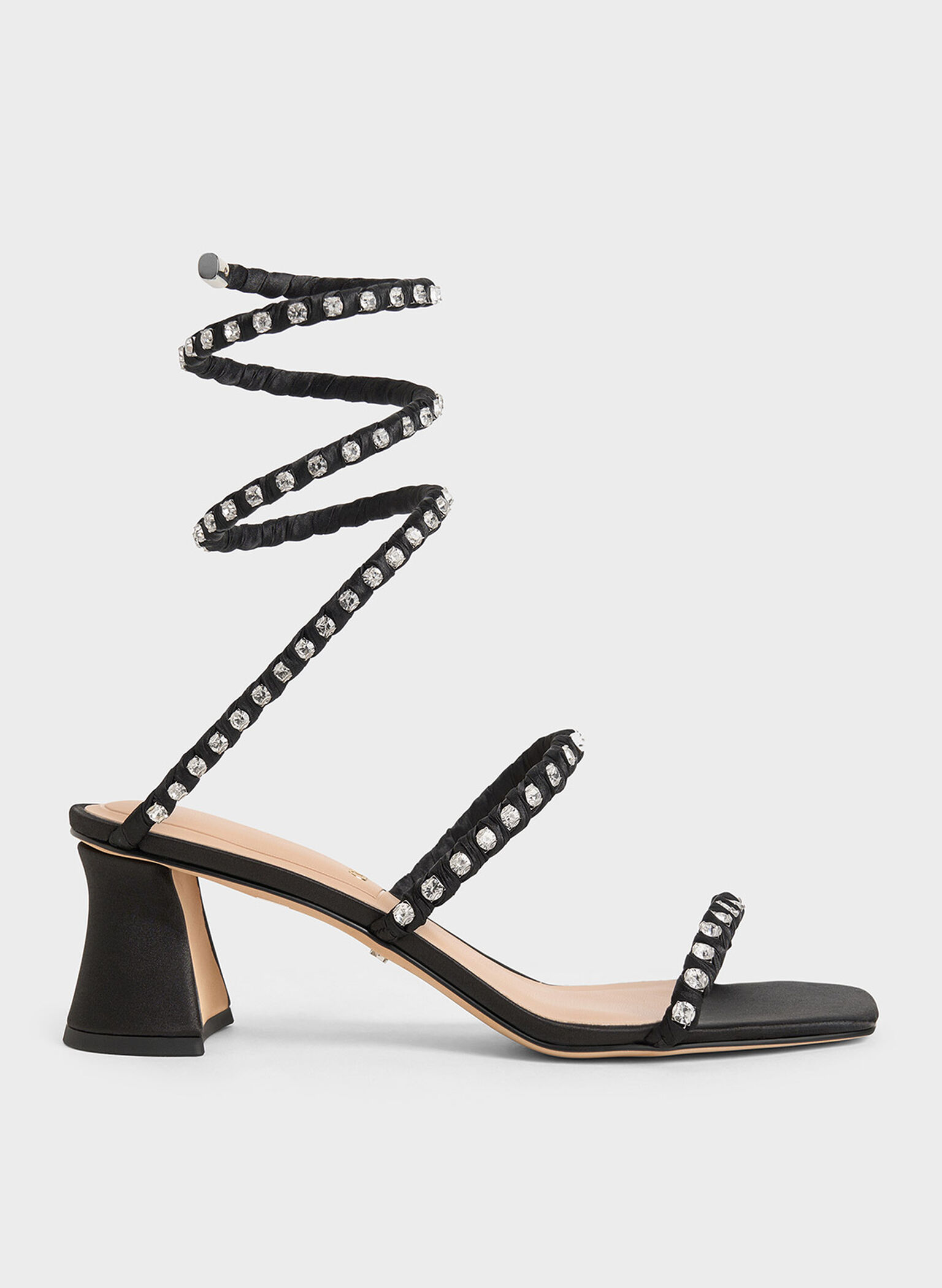 Goldie Recycled Polyester Gem-Encrusted Spiral Sandals, Black Textured, hi-res