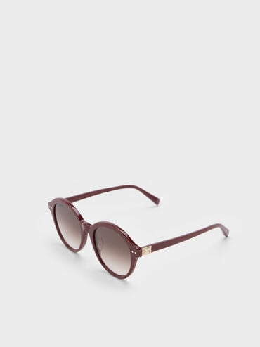 Recycled Acetate Round Cat-Eye Sunglasses, Burgundy, hi-res