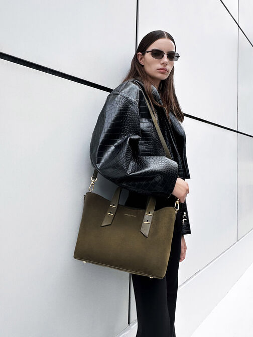 Shania Recycled Suede Tote Bag, Deep Olive, hi-res
