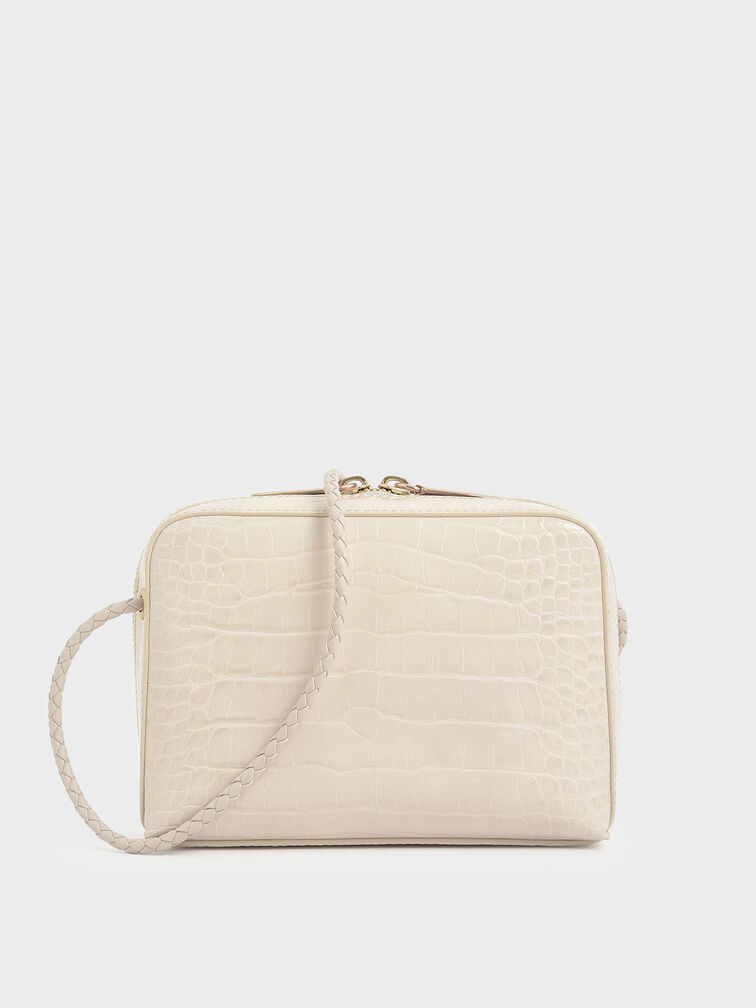 Croc-Effect Mini Rectangular Crossbody Bag, Cream, hi-res