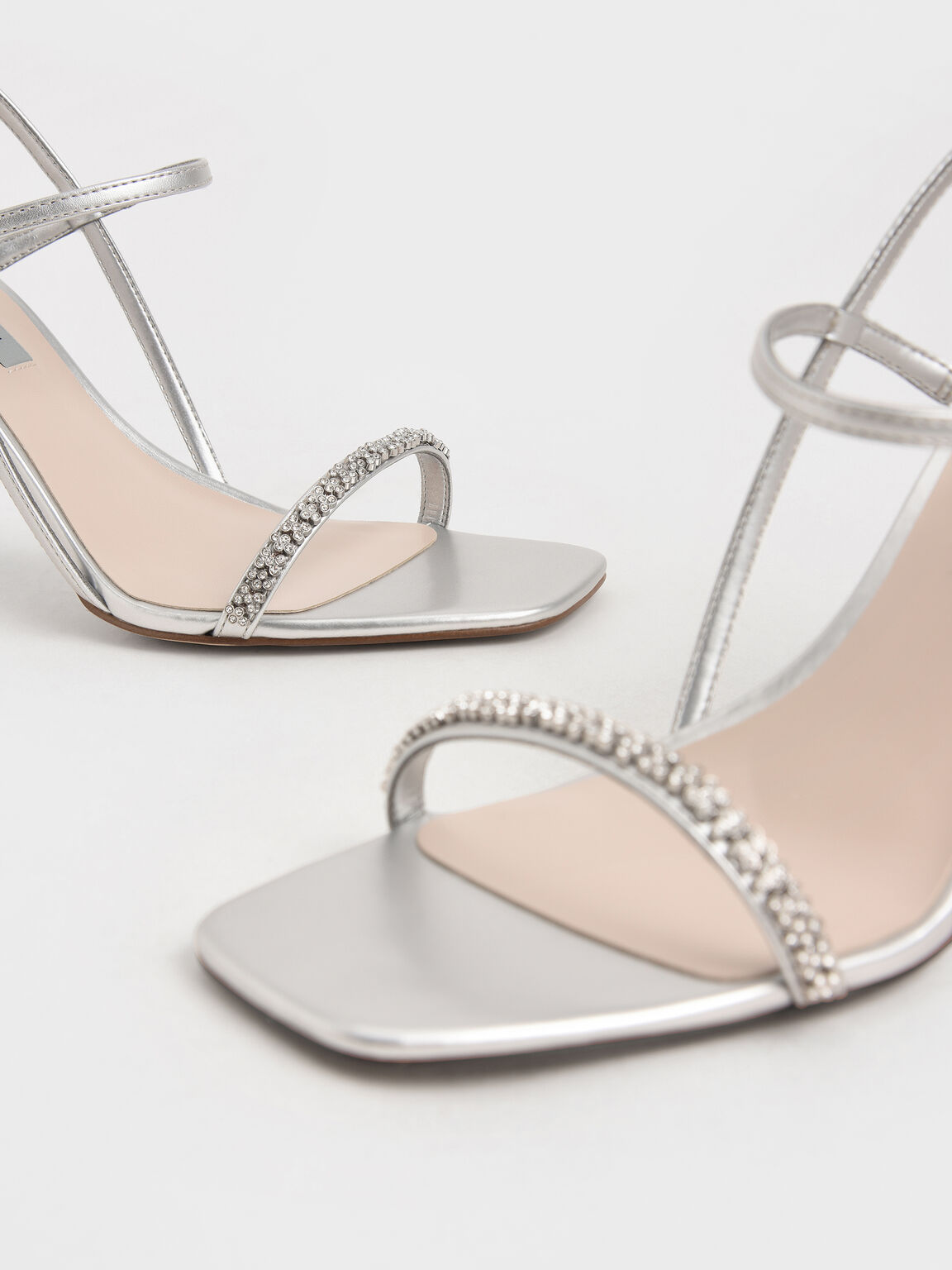 Gem-Embellished Strappy Sandals, Silver, hi-res