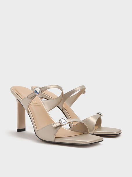 Sandalias perladas de tac&oacute;n con doble tira y hebilla con gemas, Marfil, hi-res