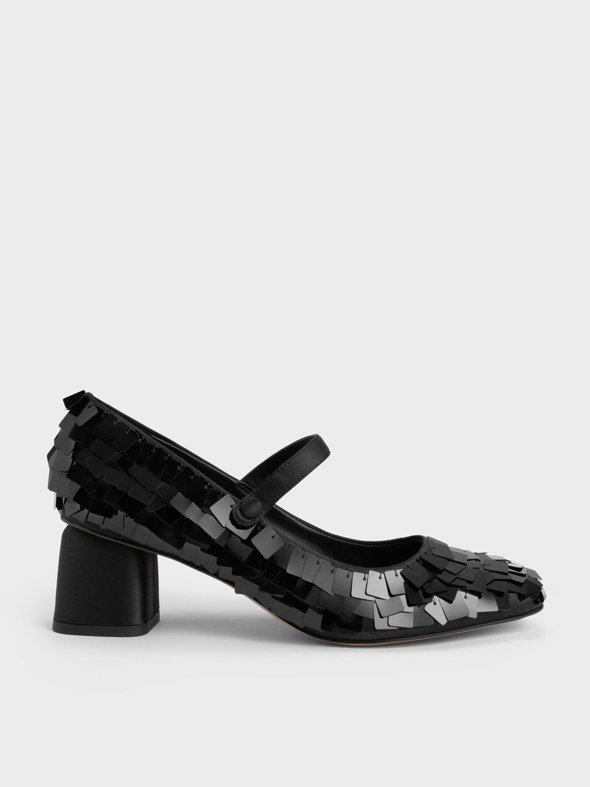 Sequinned Satin Mary Jane Pumps, Black, hi-res