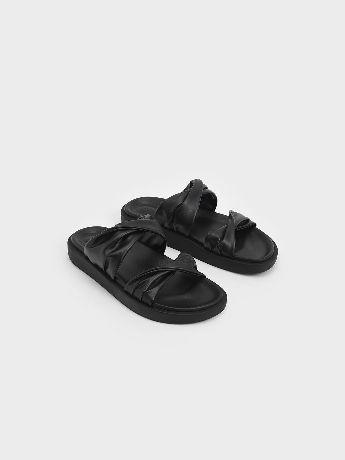 Twist Strap Padded Slide Sandals, Black, hi-res