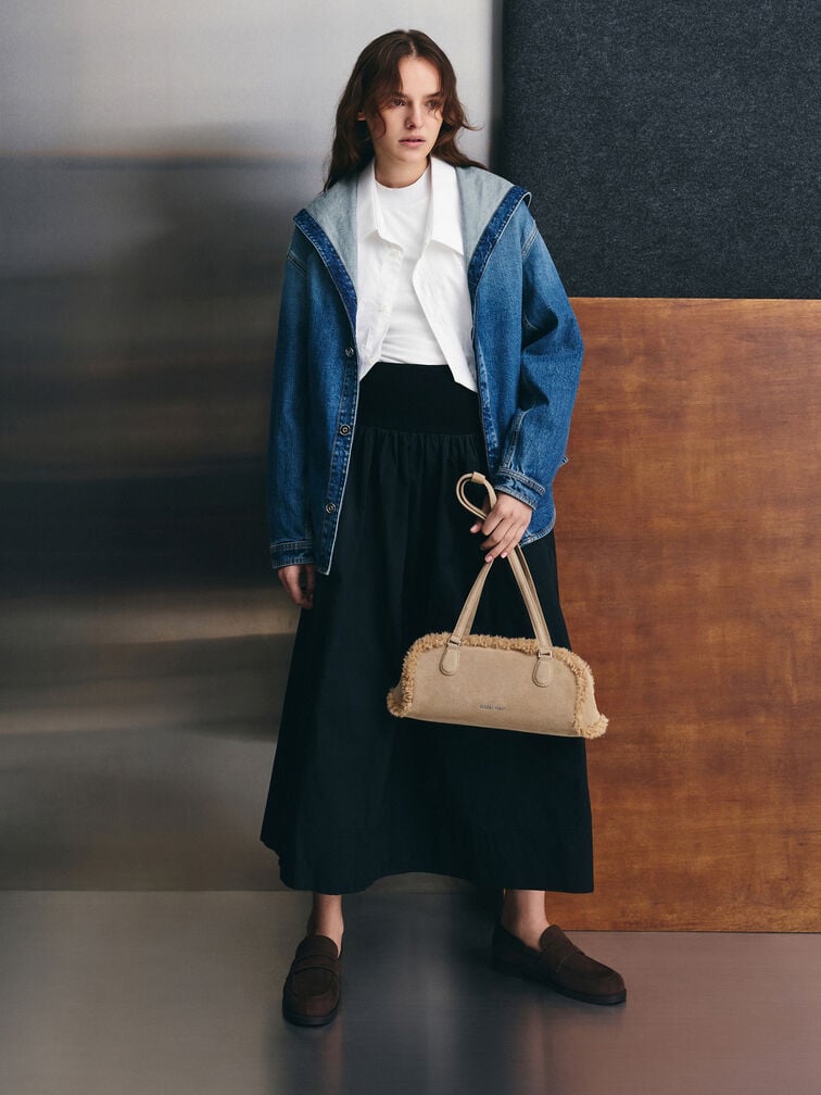 Nelly Recycled Suede & Faux Shearling Elongated Shoulder Bag, Nutmeg Beige, hi-res