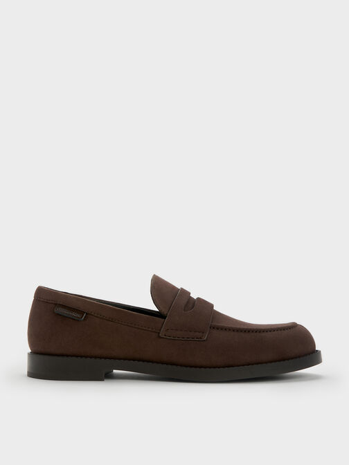 Arven Faux Suede Penny Loafers, Dark Brown Textured, hi-res