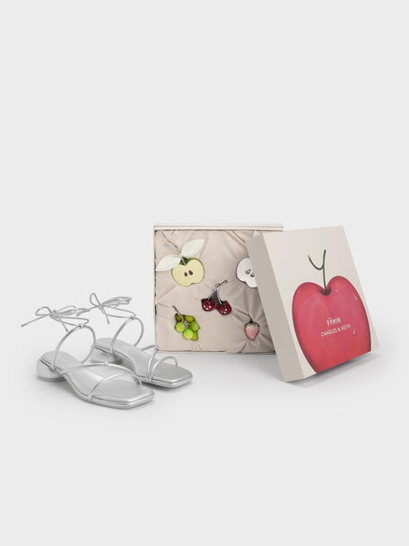 Strappy Tie-Around Sandals & Fruit Charms Set, Silver, hi-res
