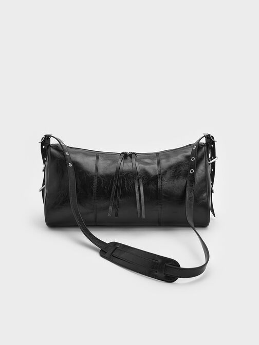 Bolso cruzado Bryna con paneles y tiras con ojales, Noir, hi-res