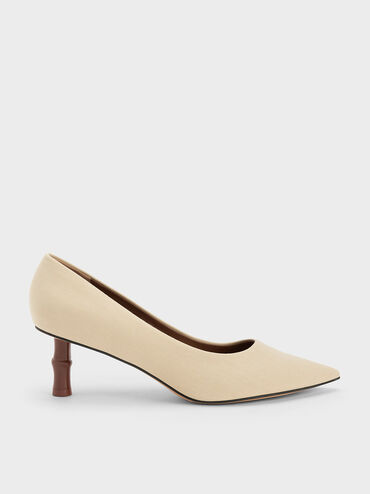 Bamboo Heel Pointed-Toe Pumps, Beige, hi-res