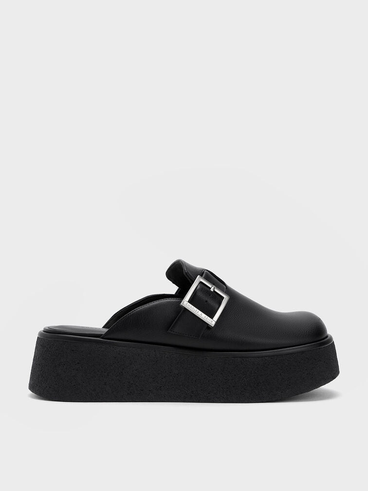 Buckled Flatform Mules, Black, hi-res