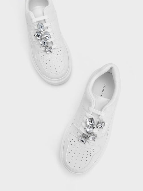 Gem-Embellished Platform Sneakers, White, hi-res