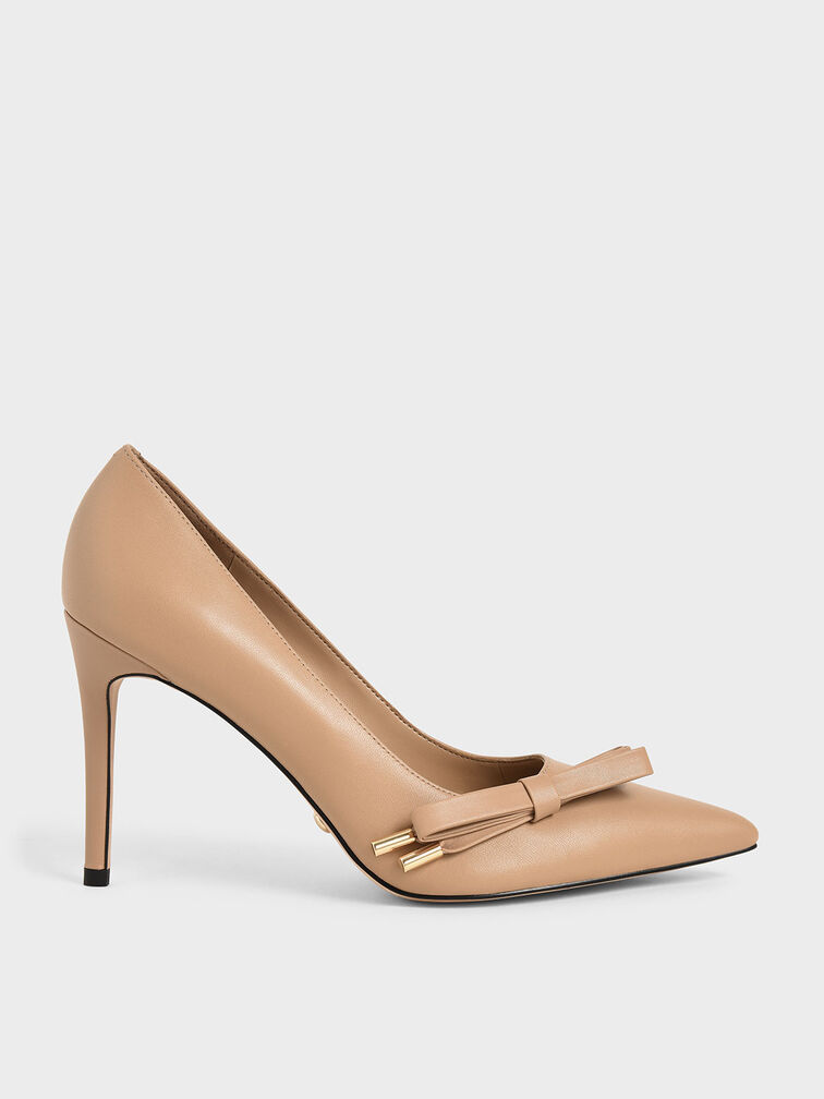 Leather Bow Stiletto Pumps, Nude, hi-res